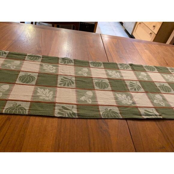 Autumnal Green & Beige Checkered Table Runner 12" x 98" Cotton Blend With Leaf & - Picture 3 of 6